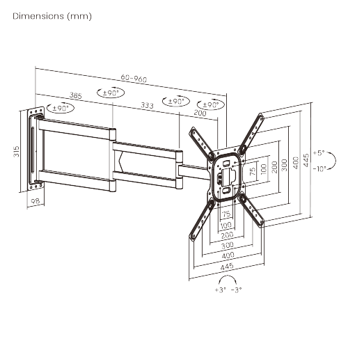 Wolff Mount Extra lange, vollbewegliche TV-Wandhalterung bis 65 Zoll | Bis zu 95 cm von der Wand entfernt! | Universal | VESA 400 x 400