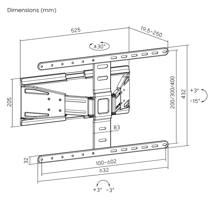 Ultraflache Full Motion TV-Wandhalterung - 19,5 bis 250 mm