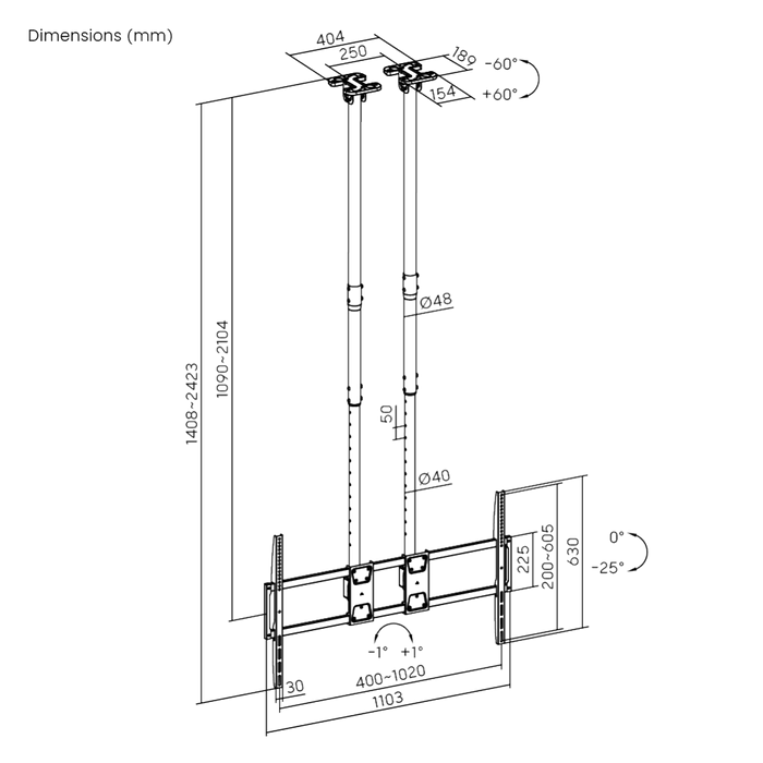 Heavy Duty XL Deckenhalterung mit Doppelrohr 60-120 Zoll und 120kg Tragkraft